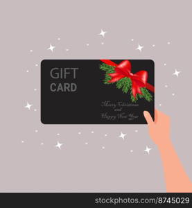 Gift card in hand. Hand Holding Gift Card. Discount coupons. Vector Illustration