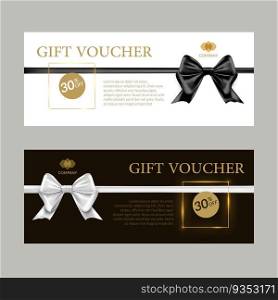 Gift card or gift voucher template. Black and white bows and ribbons banner certificate design