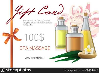 Gift card, spa massage lettering and bottles with oil. Spa salon gift voucher design. Handwritten and typed text, calligraphy. For leaflets, flyers, gift cards and vouchers.