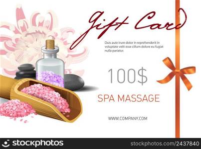 Gift card, spa massage lettering and salt in scoop. Spa salon gift voucher design. Handwritten and typed text, calligraphy. For leaflets, flyers, gift cards and vouchers.