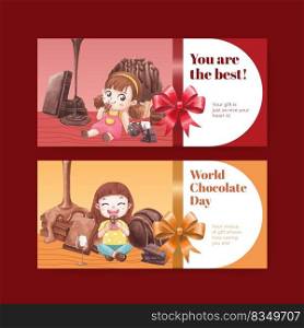 Gift card template with world chocolate day concept,watercolor style 