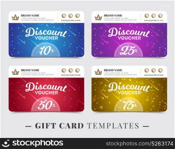 Gift Card Templates. Gift card templates with stripe for brand name discount on background of falling stars isolated vector illustration