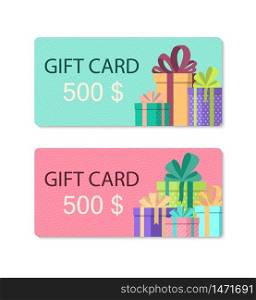 Gift card voucher. Discount coupon with presents in flat style. Ticket for free purchase on happy birthday. Premium certificate for buy in restaurant. Voucher card layout isolated. vector illustration. Gift card voucher. Discount coupon with presents in flat style. Ticket for free purchase on birthday. Premium certificate for buy in restaurant. Voucher card layout isolated. vector illustration