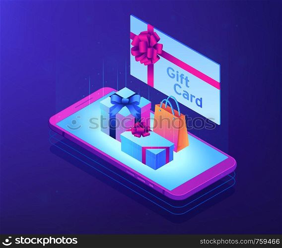 Gift card with ribbon and smartphone with shopping bag and boxes. Digital gift card, mobile store app, digital gift certificate concept. Ultraviolet neon vector isometric 3D illustration.. Digital gift card isometric 3D concept illustration.
