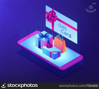 Gift card with ribbon and smartphone with shopping bag and boxes. Digital gift card, mobile store app, digital gift certificate concept. Ultraviolet neon vector isometric 3D illustration.. Digital gift card isometric 3D concept illustration.