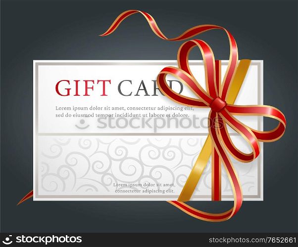 Gift card with ribbons and bow, Birthday present, shopping offer. Holiday voucher, certificate for buying goods or services. Spa procedures or beauty and fashion shops coupon vector illustration. Shopping Offer, Gift Card and Holiday Voucher
