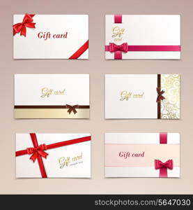 Gift cardboard paper cards set with red bows and ribbons vector illustration