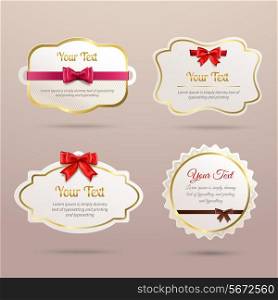 Gift cardboard paper holiday labels collection with red bows and ribbons vector illustration