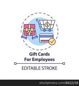 Gift cards for employees concept icon. Office covid tip idea thin line illustration. Corporate gifting solution. Holiday gift-giving. Vector isolated outline RGB color drawing. Editable stroke. Gift cards for employees concept icon