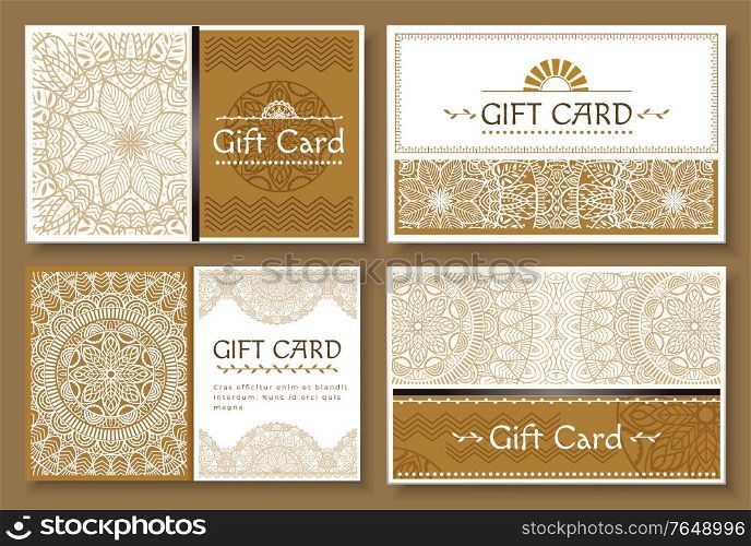 Gift cards for holidays celebration and greeting with special occasions. Set of minimalist banners with ornaments. Mandala and text on brochure on paper. Greeting or invitation templates ideas. Gift Card with Ornaments and Text, Set of Banners