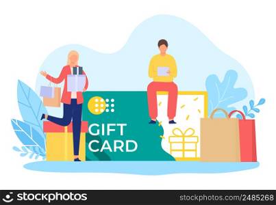 Gift certificate card, people present to birthday. Gift certificate and present car to discount, coupon or voucher for sale, vector illustration. Gift certificate card, people present to birthday