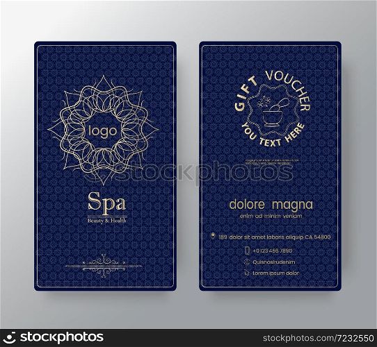 Gift certificate voucher coupon, business cards template with gold guilloche pattern. vector illustration