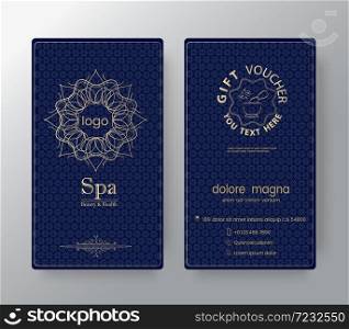 Gift certificate voucher coupon, business cards template with gold guilloche pattern. vector illustration