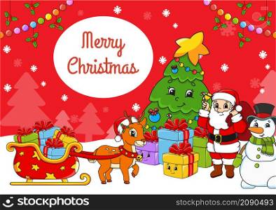Gift color greeting card. Santa Claus, deer and snowman. Cute cartoon character. Happy New Year and Merry Christmas. Flat style. Vector illustration.