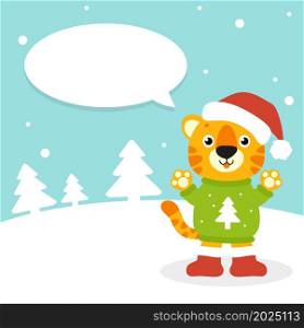 Gift color greeting card. Tiger simbol in a santa hat. Cute cartoon character. Happy New Year and Merry Christmas. Flat style. Vector illustration.