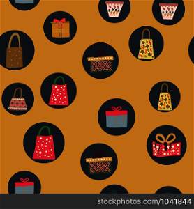 Gift colourful icons in circles seamless pattern on mustard background. Web, wrapping paper, background fill.. Gift colourful icons in circles seamless pattern on mustard background