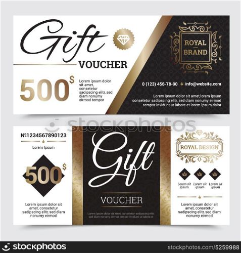 Gift Coupon Royal Design. Gift coupon royal design with golden elements ornate frames and textures crowns and diamond isolated vector illustration