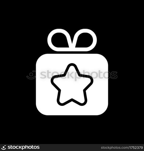 Gift dark mode glyph icon. Sending presents. Promotional giveaway. Special time event. Phone screen menu. Smartphone UI button. White silhouette symbol on black space. Vector isolated illustration. Gift dark mode glyph icon