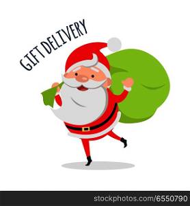 Gift delivery. Santa Claus delivers gifts to children. Fast holiday delivery. Merry Christmas and Happy New Year concept. Winter holiday illustration. Greeting card. Vector in flat style design. Santa Claus Delivers Gifts to Children. Vector