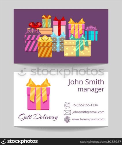 Gift delivery service business template. Gift delivery service business card both sides template. Vector illustration