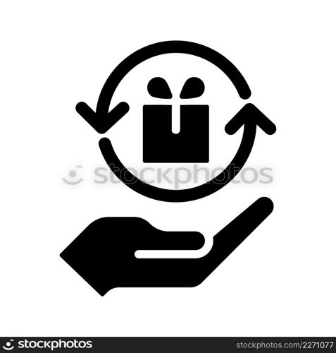 Gift economy black glyph icon. Social exchange. Free giveaway. Gift culture. Expected social behaviour. Supplying needs. Silhouette symbol on white space. Solid pictogram. Vector isolated illustration. Gift economy black glyph icon