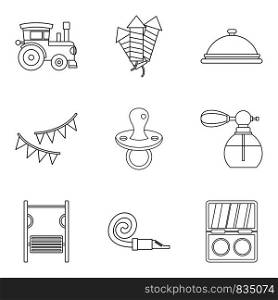 Gift for child icons set. Outline set of 9 gift for child vector icons for web isolated on white background. Gift for child icons set, outline style