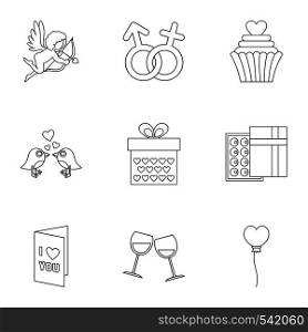 Gift for valentine icons set. Outline set of 9 gift for valentine vector icons for web isolated on white background. Gift for valentine icons set, outline style