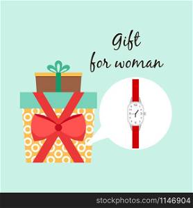 Gift for woman with red hands watch vector illustration. Gift for woman red watch