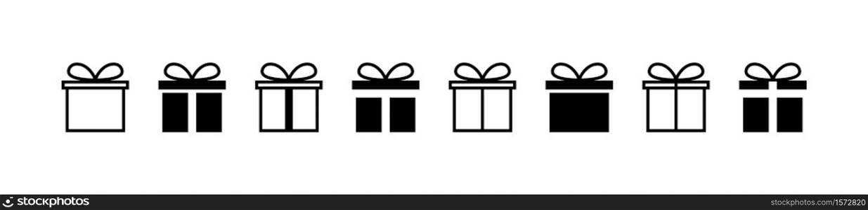 Gift. Gift box collection with ribbons. Christmas gift icons, isolated. Surprise box vector icons in a row. Vector illustration