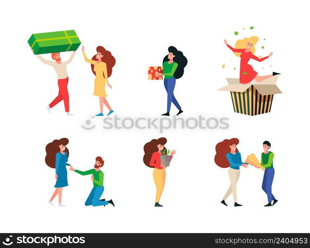 Gift give. Meeting people with gift packages persons festive hugging products young received presents on birthday celebration day vector flat pictures. Illustration of people meeting and present gifts. Gift give. Meeting people with gift packages persons festive hugging products young received presents on birthday celebration day garish vector flat pictures