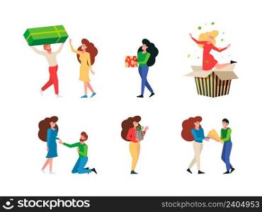 Gift give. Meeting people with gift packages persons festive hugging products young received presents on birthday celebration day vector flat pictures. Illustration of people meeting and present gifts. Gift give. Meeting people with gift packages persons festive hugging products young received presents on birthday celebration day garish vector flat pictures