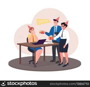 Gift giving in office 2D vector isolated illustration. Colleagues give present. Smiling coworkers flat characters on cartoon background. Christmas celebration at work colourful scene. Gift giving in office 2D vector isolated illustration