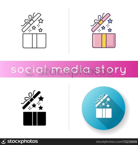 Gift icon. Open present. Surprise in festive box. Party item. Decoration with ribbon and confetti. Celebrate birthday. Give away. Linear black and RGB color styles. Isolated vector illustrations