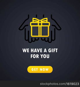 Gift icon. Present box in hands. We have a gift for you.. Gift icon. Present box in hands. We have a gift for you. Christmas or birthday present. Vector on isolated ackground. EPS 10