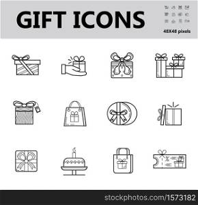 Gift icon set vector in simple outline style. Sign of the gift box. The package is tied with a bow. Online donation for illustration. The online store distributes prizes. Cake in birthday and voucher.. Gift icon set vector in simple outline style. Sign of the gift box. The package is tied with bow. Online donation for illustration. The online store distributes prizes. Cake in birthday and voucher.