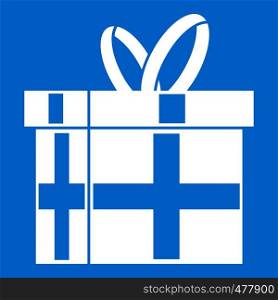 Gift in a box icon white isolated on blue background vector illustration. Gift in a box icon white
