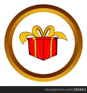 Gift in a box vector icon in golden circle, cartoon style isolated on white background. Gift in a box vector icon, cartoon style