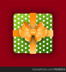 Gift in box with golden bow vector. Celebration of holiday, special even congratulations. Xmas or birthday present. Package in wrapping paper with polka dot print. Container with surprise flat style. Present for Special Occasion, Birthday or Xmas