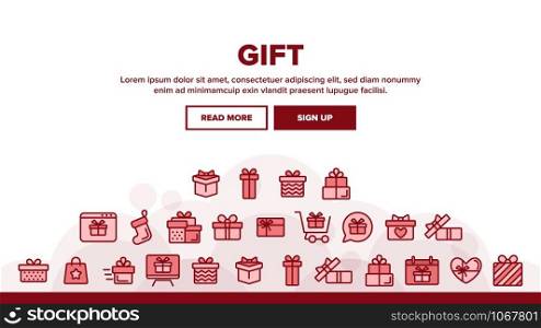 Gift Landing Web Page Header Banner Template Vector. New Year And Birthday Surprise Presents In Box And Gift Wrapping Assortment Illustration. Gift Landing Header Vector