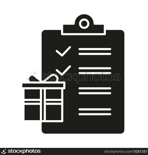 Gift list glyph icon. Merchandise and consumerism. Searching presents for holidays. Party celebration organization. Writing wish list. Silhouette symbol. Negative space. Vector isolated illustration