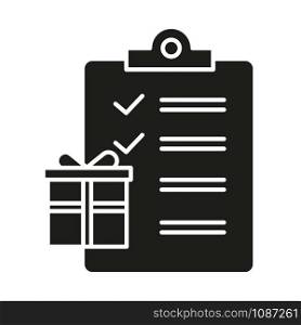 Gift list glyph icon. Merchandise and consumerism. Searching presents for holidays. Party celebration organization. Writing wish list. Silhouette symbol. Negative space. Vector isolated illustration