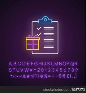 Gift list neon light icon. Searching presents for holidays. Party celebration organization. Writing wish list. Glowing sign with alphabet, numbers and symbols. Vector isolated illustration