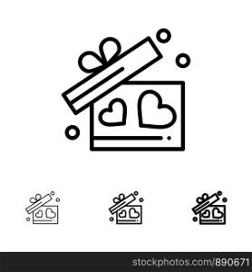 Gift, Love, Heart, Wedding Bold and thin black line icon set