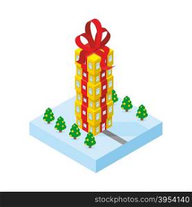 Gift of skyscraper. Tall office building from gift box with red bow. Part of winter land with trees.&#xA;