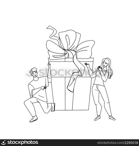 Gift Offer Young Man For Woman On Birthday Black Line Pencil Drawing Vector. Boyfriend Gift Offer Girlfriend On Anniversary Or Xmas Event Holiday. Characters With Present Box Decorated Ribbon And Bow. Gift Offer Young Man For Woman On Birthday Vector