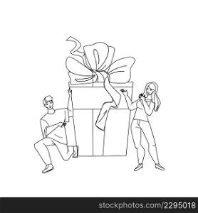 Gift Offer Young Man For Woman On Birthday Black Line Pencil Drawing Vector. Boyfriend Gift Offer Girlfriend On Anniversary Or Xmas Event Holiday. Characters With Present Box Decorated Ribbon And Bow. Gift Offer Young Man For Woman On Birthday Vector