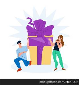 Gift Offer Young Man For Woman On Birthday Vector. Boyfriend Gift Offer Girlfriend On Anniversary Or Xmas Event Holiday. Characters With Present Box Decorated Ribbon And Bow Flat Cartoon Illustration. Gift Offer Young Man For Woman On Birthday Vector