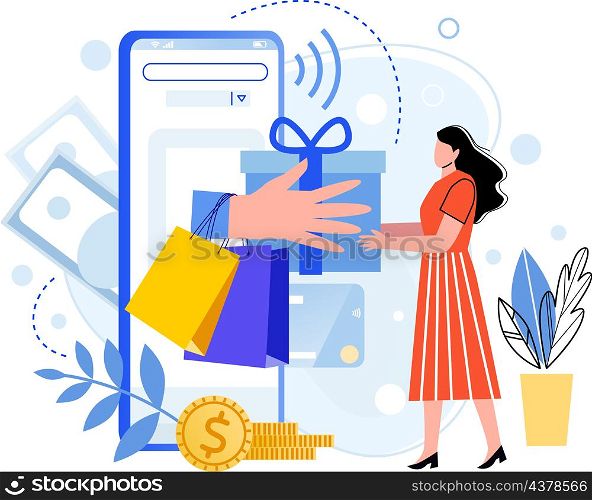 Gift or reward from online shop, buying and shopping. Illustraton of gift reward and online promotion, bonus and loyalty vector. Gift or reward from online shop, buying and shopping