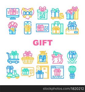 Gift Package Surprise On Holiday Icons Set Vector. Gift Box And Container Packaging, Delivery Service And Carrying, Online Purchase And Discount Coupon Present Line. Color Illustrations. Gift Package Surprise On Holiday Icons Set Vector