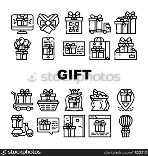 Gift Package Surprise On Holiday Icons Set Vector. Gift Box And Container Packaging, Delivery Service And Carrying, Online Purchase And Discount Coupon Present Contour Illustrations. Gift Package Surprise On Holiday Icons Set Vector